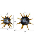 The Import Collection Punk Candleholder features two spiky metallic spheres with gold spikes, sized 6"x5.5" and 9"x7". These bold accents add industrial flair to any space. Measurements shown.