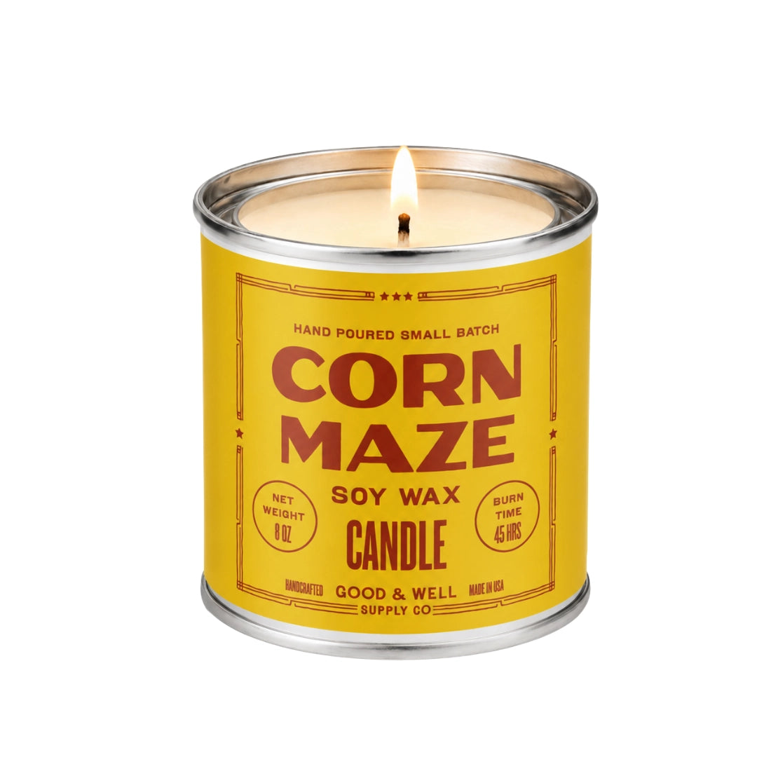 Yellow Faire’s Corn Maze Soy Candle tin with autumn scent, 45-hour burn time, Bungalow Furniture & Accessories.