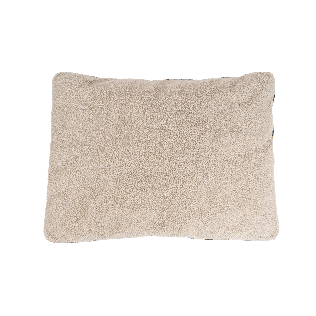 Stone-colored rectangular memory foam Sherpa dog bed with a removable cover from Bungalow Furniture & Accessories.