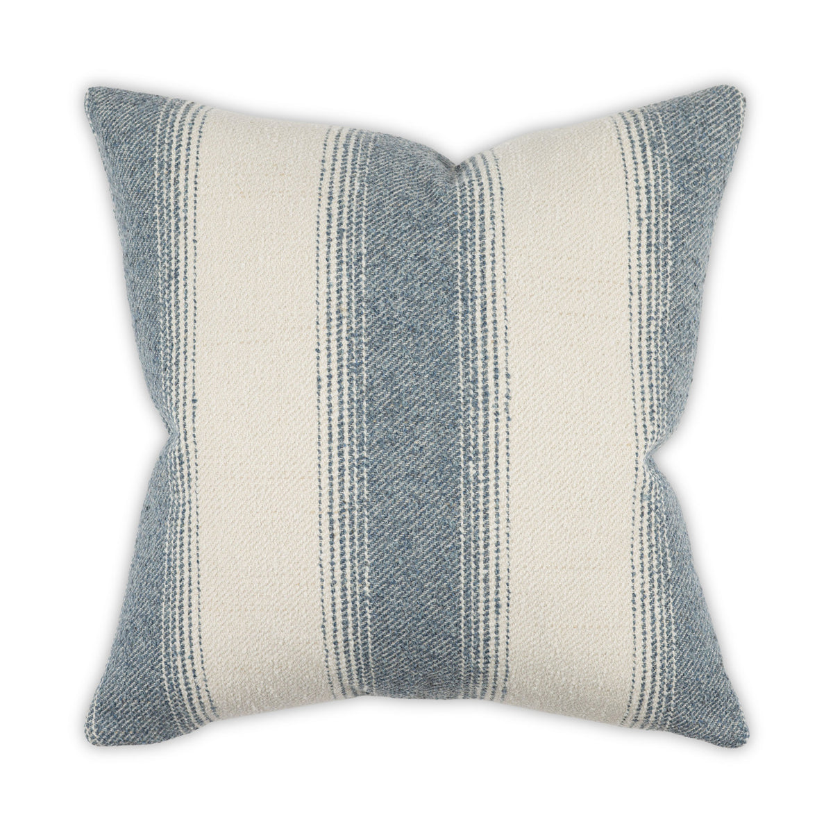 The Moss Studio Reed 24x24 Pillow features a plush, textured fabric with modern farmhouse off-white and blue-gray stripes. Its neatly finished edges make it a perfect cozy accent for any room.