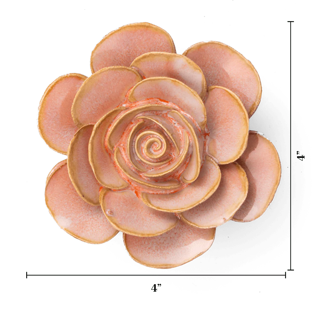 The Faire Peach Pink Cloni Ranunculus ceramic succulent sculpture, shaped like a rosette, is shown against a white background. Ideal as ceramic flowers for personalized gifts, it measures 4" x 4".