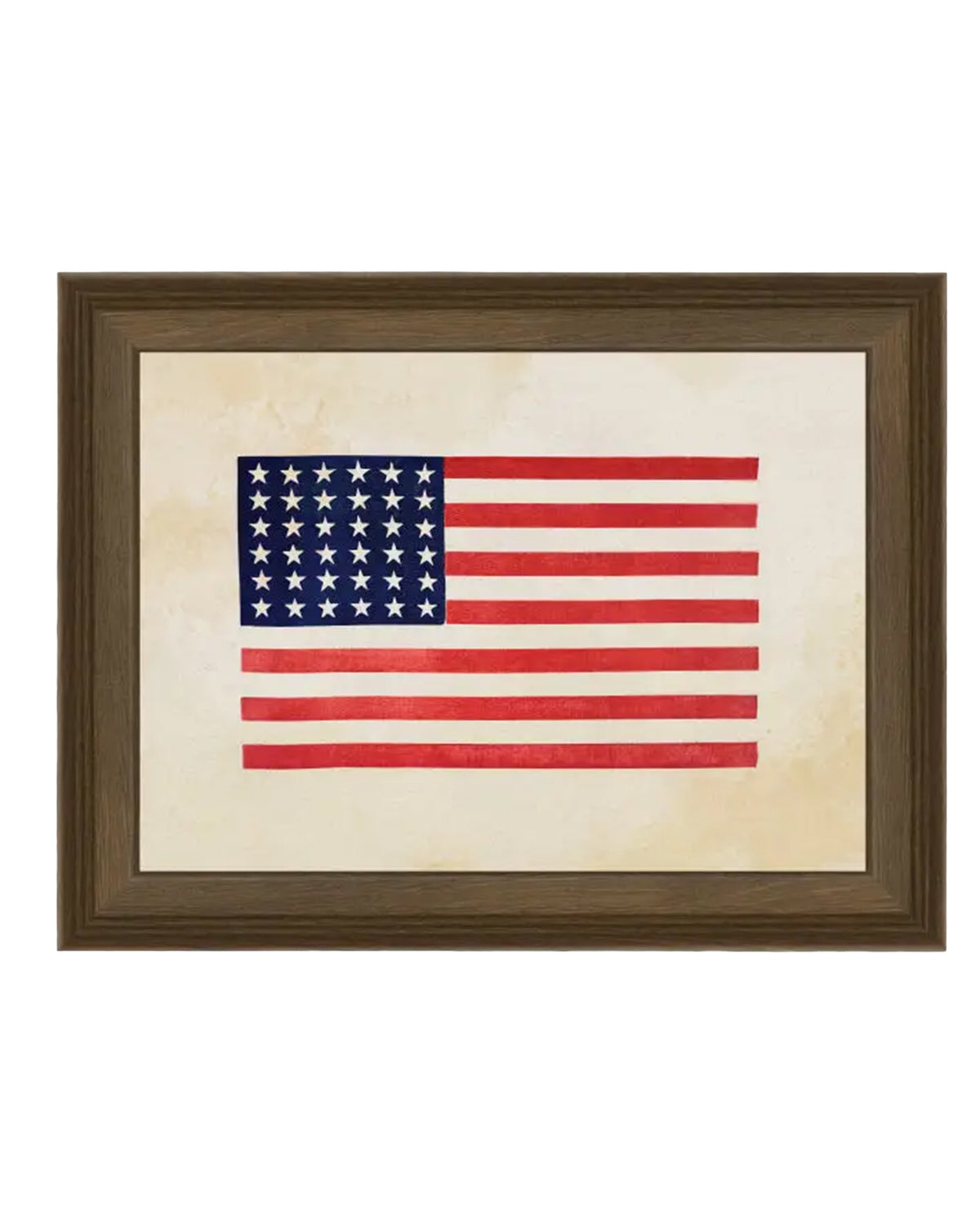 Petal Lane Home’s Thirty-Six Star Flag Art features a premium canvas print of the American flag with 36 stars and 13 stripes, set against a light beige background and framed in a simple, dark brown wooden frame.
