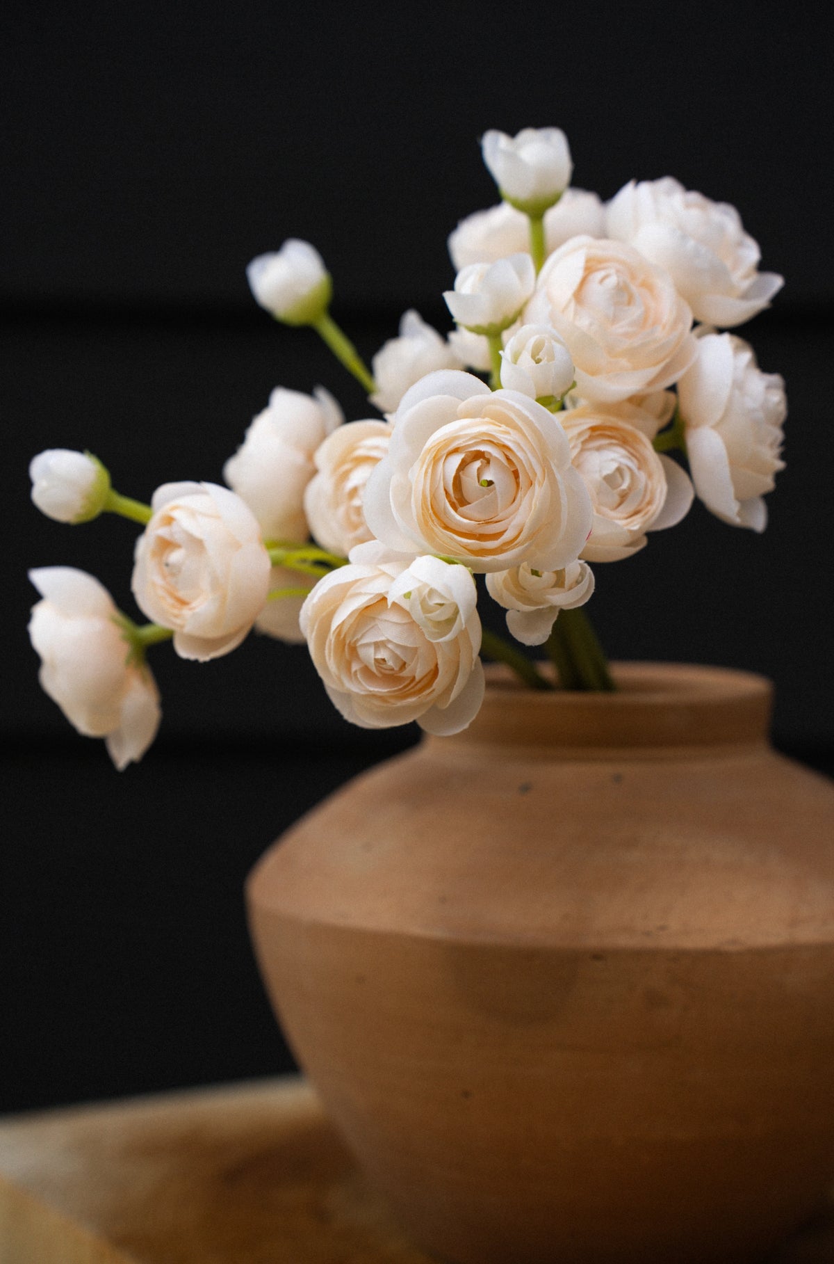 Cream ranunculus bouquet in a rounded terracotta-style vase by Bungalow Furniture &amp; Accessories.