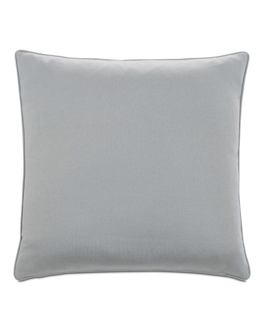 The Hig Striped Pillow by Eastern Accents is a square, grey cushion with a smooth, plain fabric and subtle piping along the edges. The feather down insert ensures it is soft and well-cushioned, making it suitable for use on a couch or bed. The white background highlights the pillow's simple and elegant design.