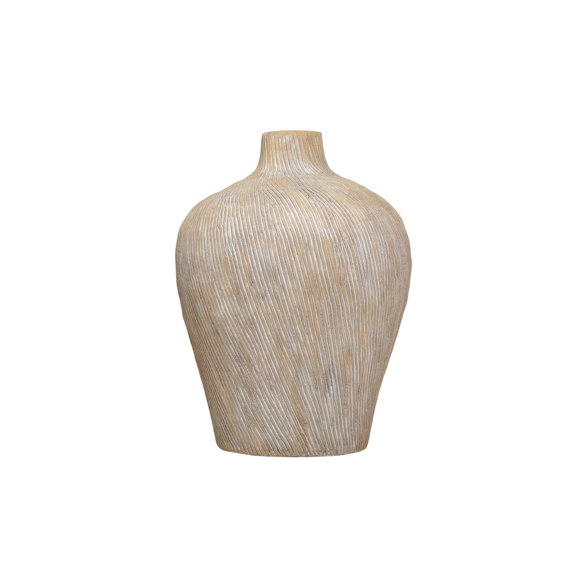 The Import Collection’s Kepler Vase features a beige ceramic finish with vertical textured lines, a rounded body, and a narrow neck—a stylish accent for home decor, shown against a plain white background.