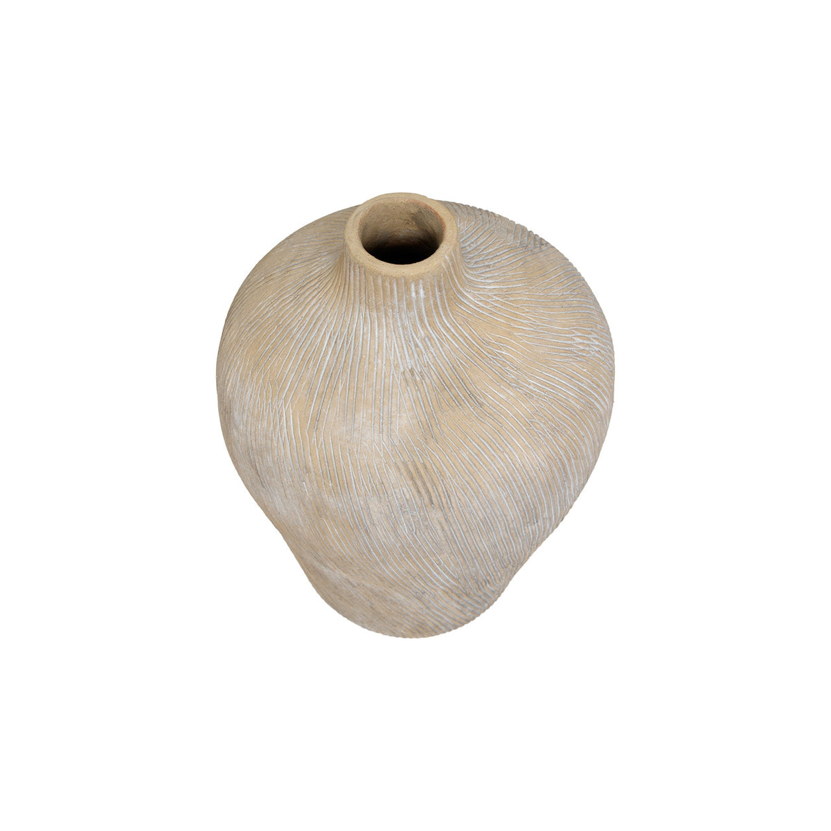 The Kepler Vase by The Import Collection is a beige, textured ceramic vase with a narrow opening and subtle horizontal grooves, adding an elegant touch to your home decor. Shown here from the top view against a white background.