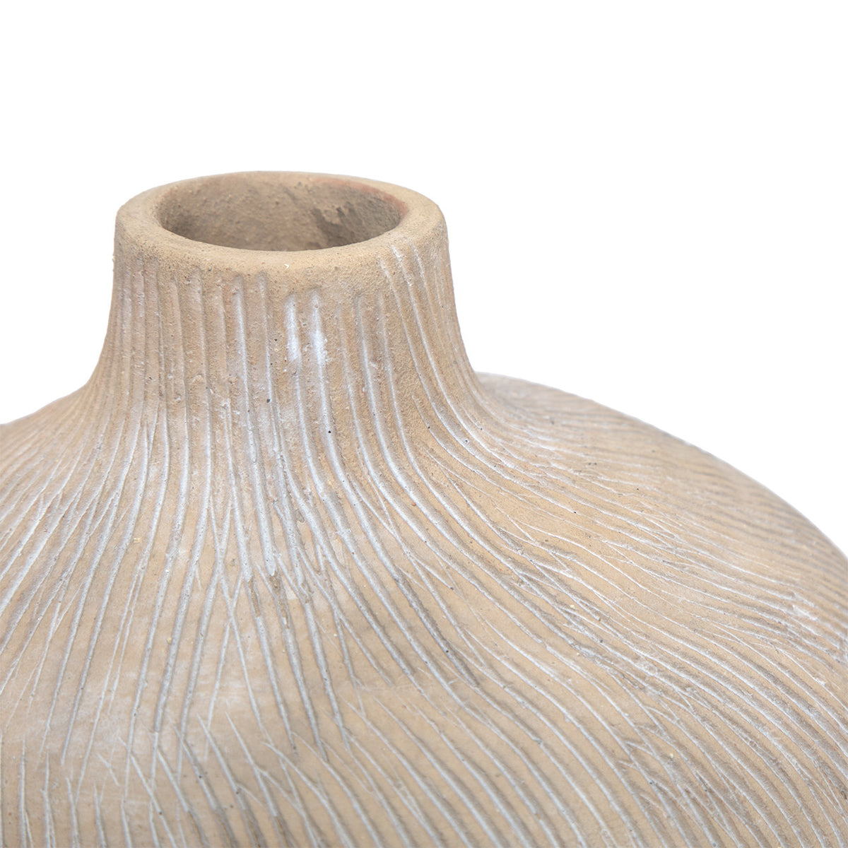 Close-up of the Kepler Vase by The Import Collection, featuring a textured beige ceramic body with carved white linear patterns—an elegant short vase ideal for home decor.
