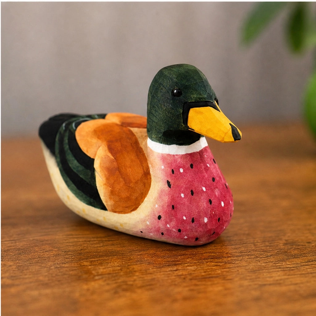 Hand-painted green basswood duck by Faire adds rustic charm and color to table or home decor.