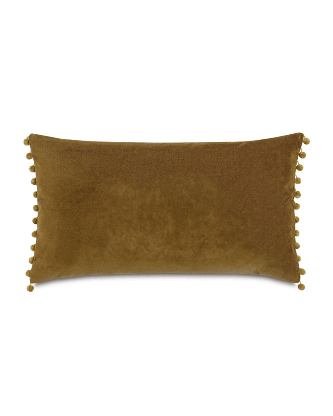 Mustard yellow cotton velvet Citrine Frou Frou rectangular pillow with pom-pom trim from Bungalow Furniture &amp; Accessories.