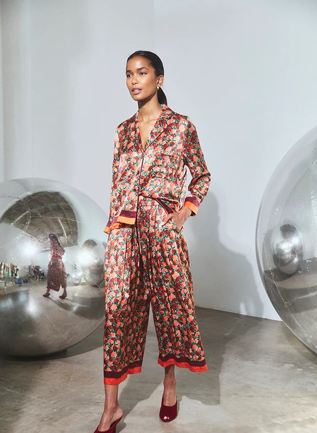 Hunter Bell NYC Whisper Pant and matching floral shirt in silk with orange trim.