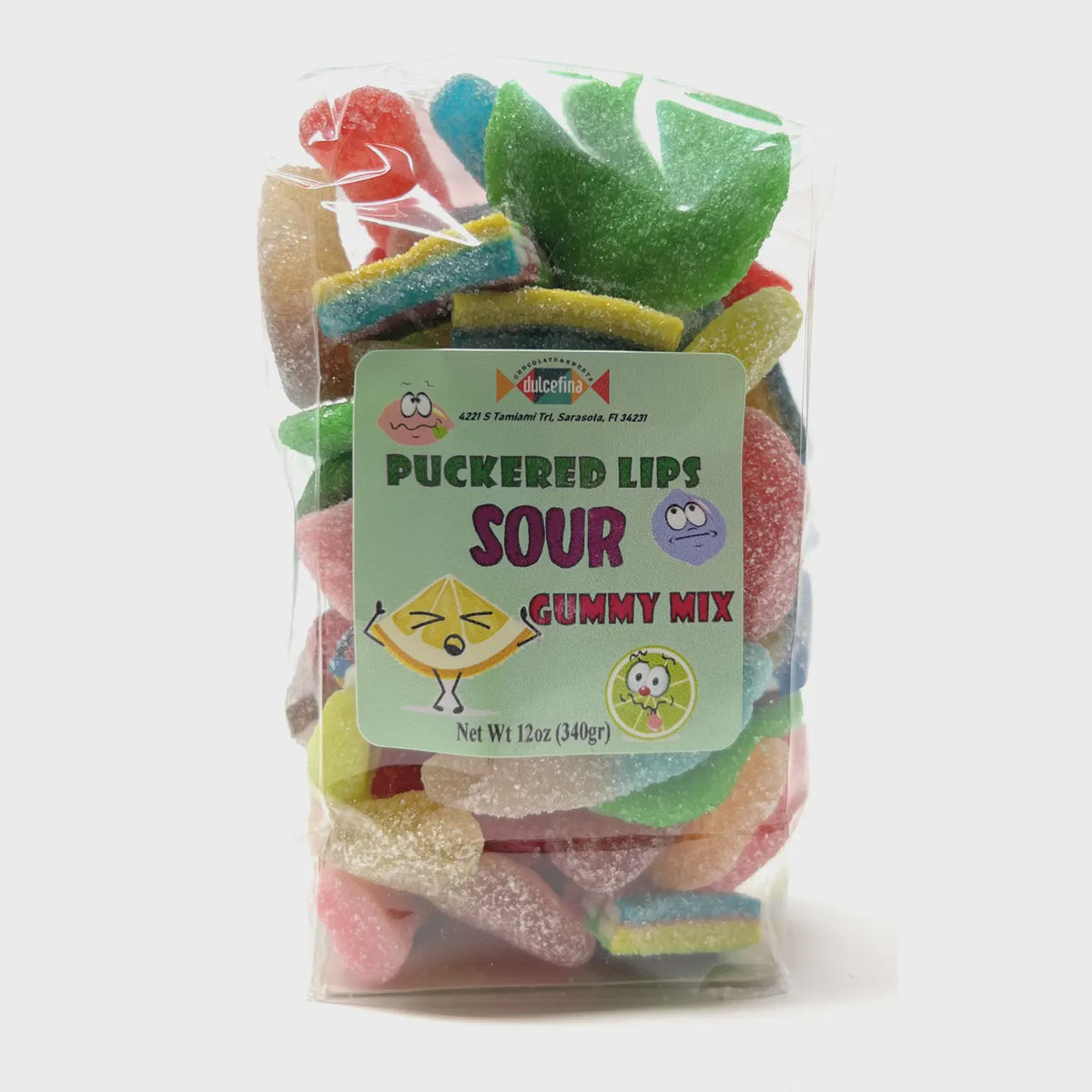 Colorful, sugar-coated DCS Sour Gummi Mix candies in a clear plastic bag.