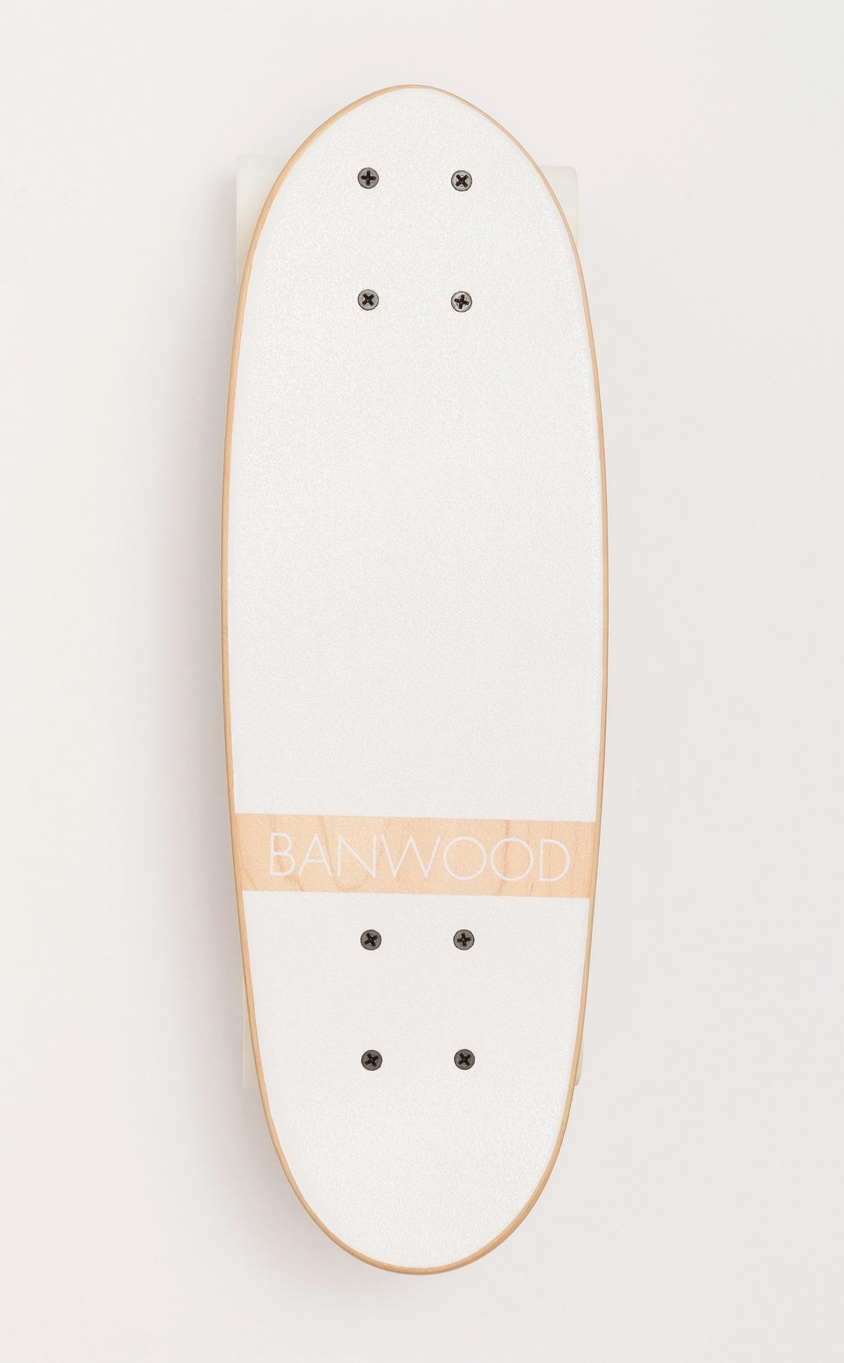 A Faire Vintage Skateboard with a Canadian maple deck, light wooden edge, and "BANWOOD" in beige across the top is shown from above on a plain light background.