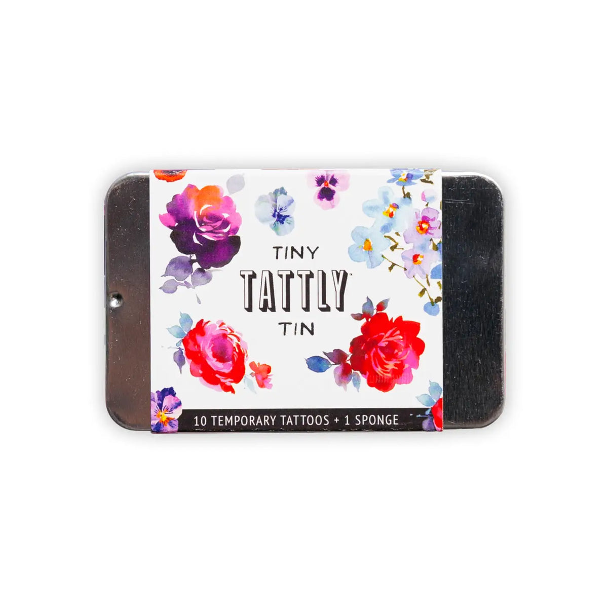 The Tattly Tattoo Tin by Faire is a charming rectangular tin featuring red, purple, and blue floral designs. It contains 10 non-toxic temporary tattoos and 1 sponge, perfect for adding fun to any event.