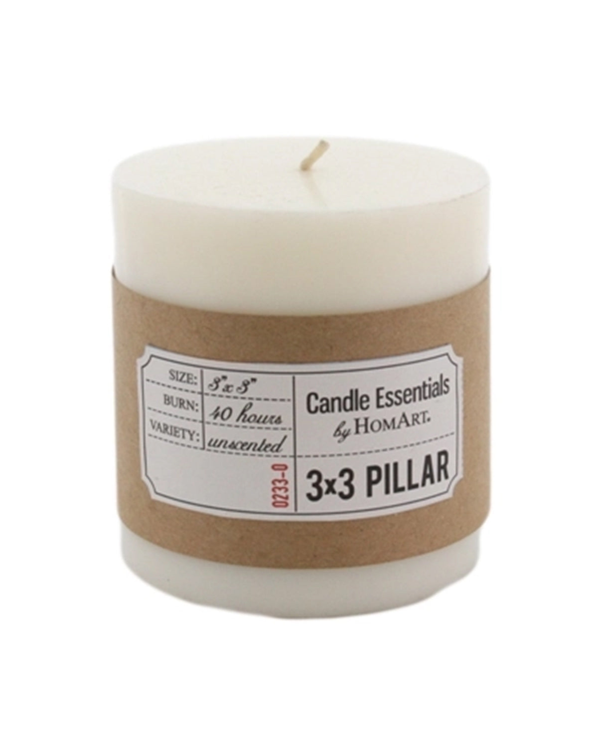 The Ivory Pillar 3x3 by HomArt is an unscented, white candle with a cotton wick and brown paper label. Made from paraffin and palm wax, it offers a clean glow and up to 40 hours of burn time.