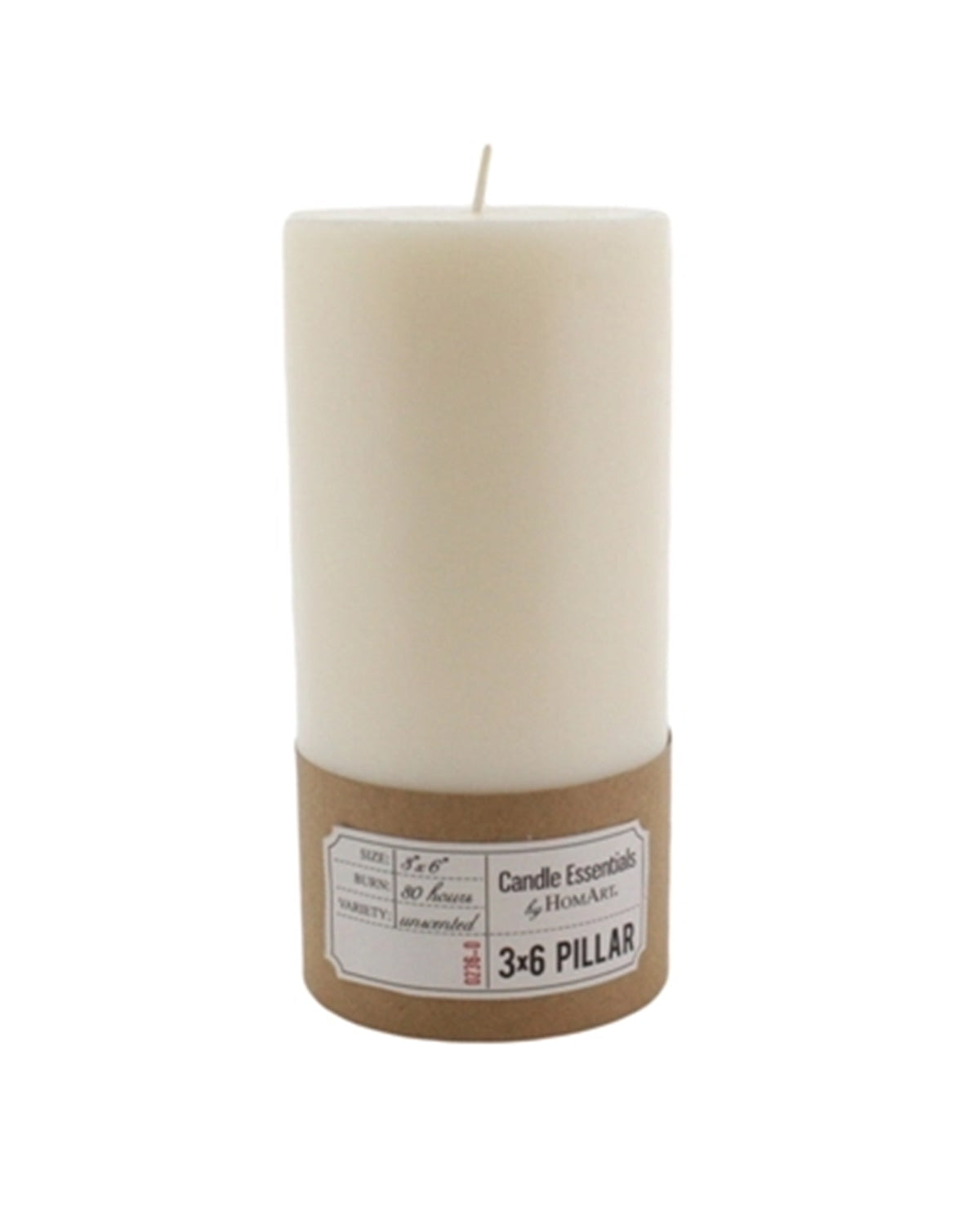 An ivory pillar candle, size 3x6, made from paraffin and palm wax with a brown paper label reading "Candle Essentials by HomArt, unscented candle, 80 hour burn time." The wick is unlit.