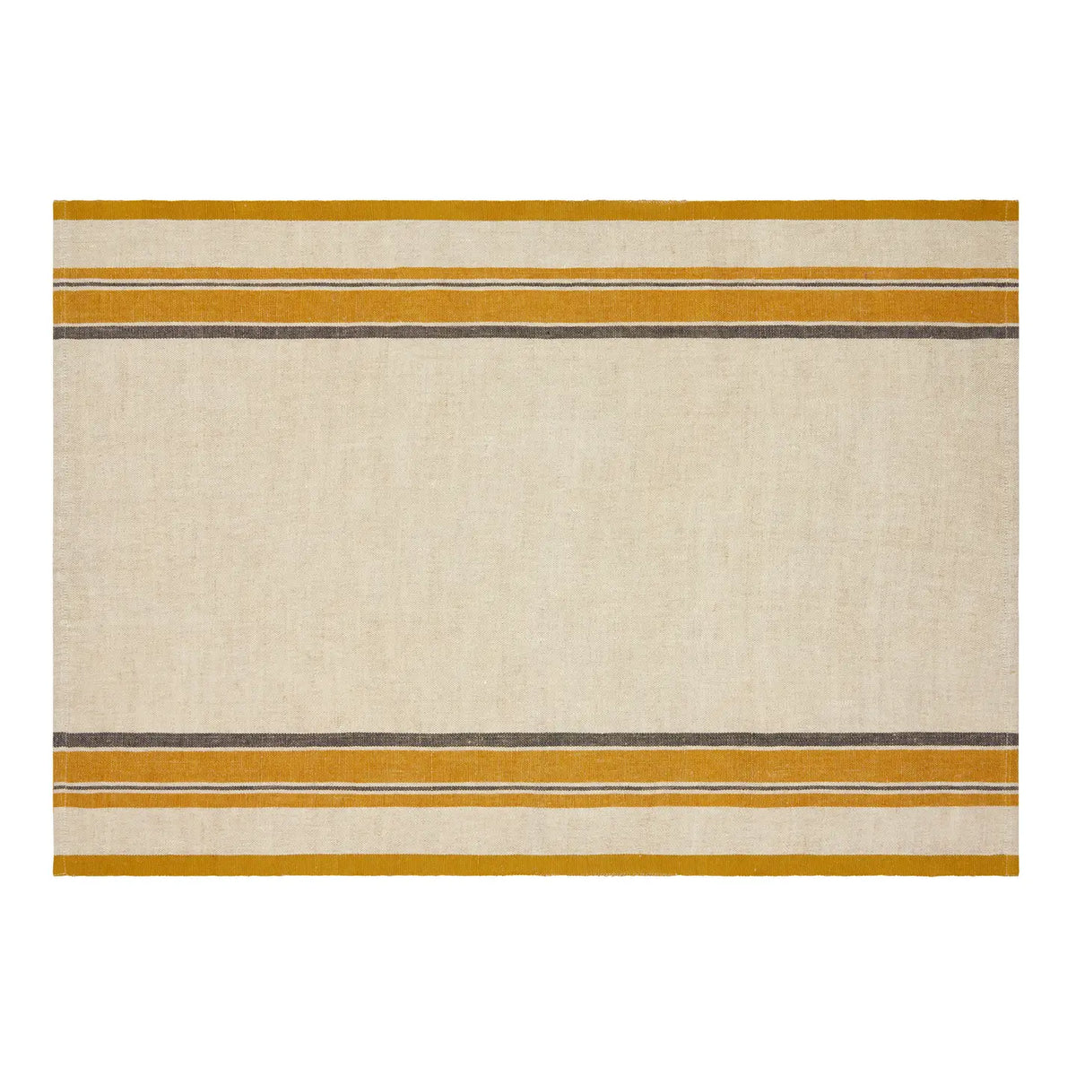 The CH Tea Towels S/2 by Faire are rectangular beige tea towels with horizontal mustard yellow and dark brown stripes near the edges, inspired by French country style, shown on a white background.