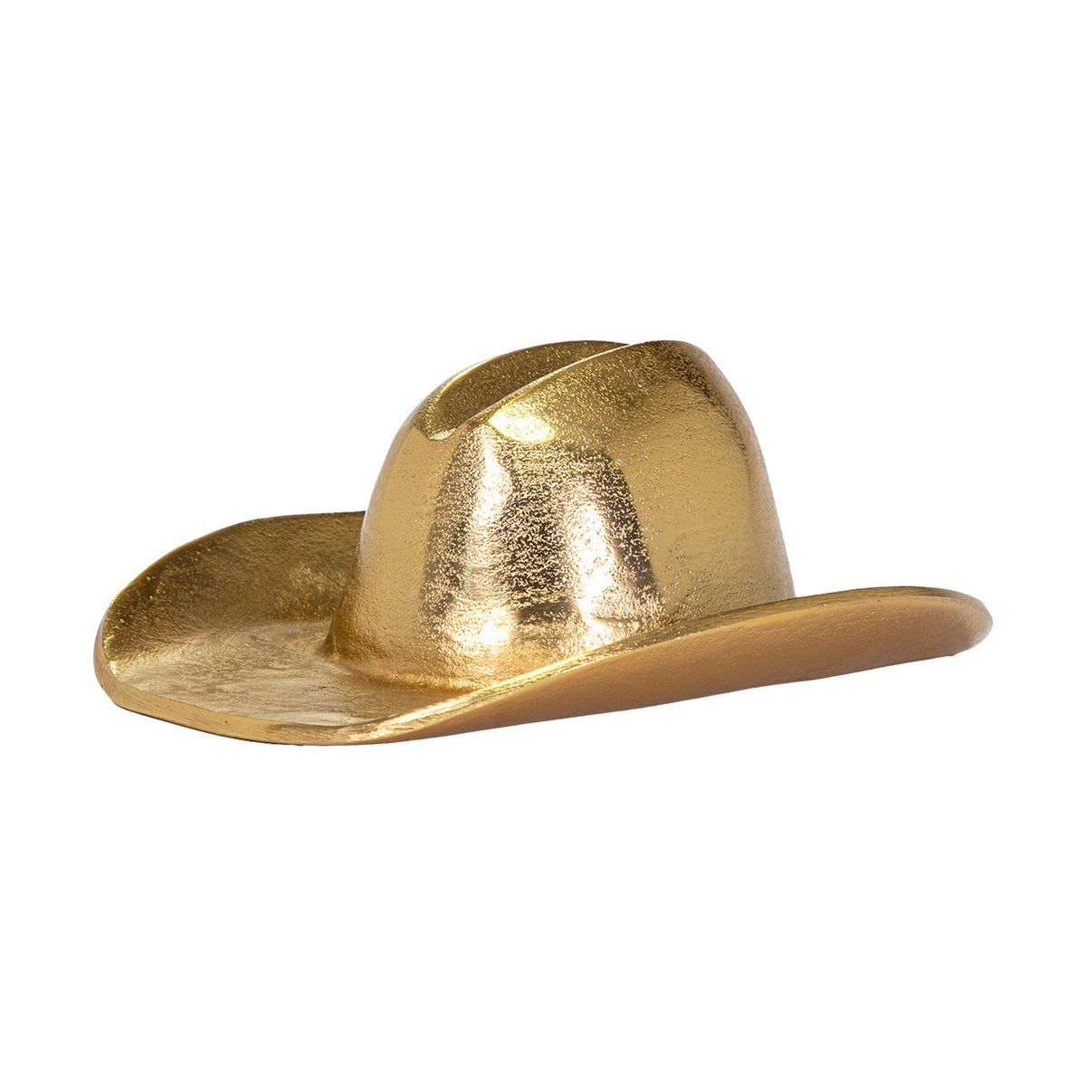 The Import Collection’s 44-230 Westin Hat is a shiny gold cowboy hat with a wide brim and western creased crown—ideal as a decorative accent or sculpture for unique western home decor. Shown on a white background.