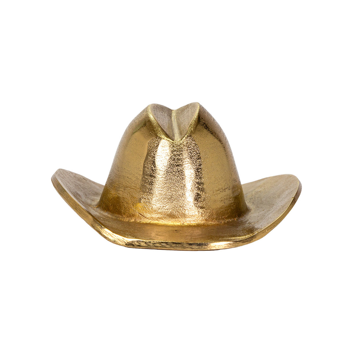 The Westin Hat by The Import Collection is a shiny metallic gold cowboy hat sculpture with a wide brim and creased crown, ideal as a decorative accent for western-themed decor. Displayed on a plain white background.