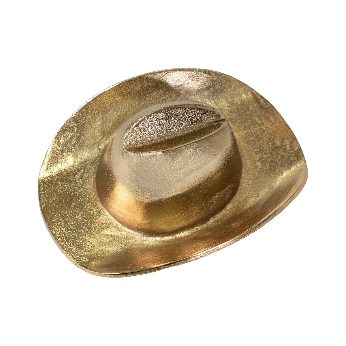 The Import Collection’s 44-230 Westin Hat, a gold-colored metallic cowboy hat sculpture photographed on white, adds a striking decorative accent to any western-themed home décor.
