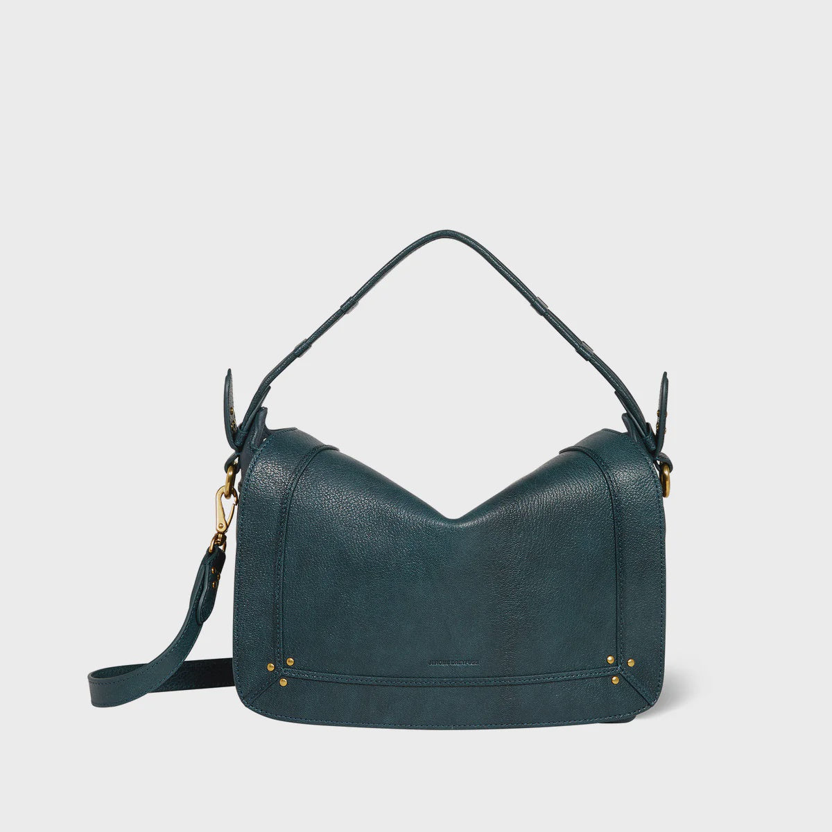 The Pepito Bag by Jerome Dreyfuss is a dark teal leather handbag with a short handle, detachable shoulder strap, gold-tone hardware, and subtle stud details at the bottom corners, shown against a plain white background.