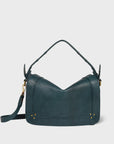 The Pepito Bag by Jerome Dreyfuss is a dark teal leather handbag with a short handle, detachable shoulder strap, gold-tone hardware, and subtle stud details at the bottom corners, shown against a plain white background.