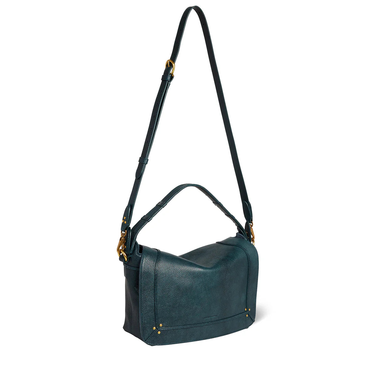 The Pepito Bag by Jerome Dreyfuss is a dark green leather shoulder bag with gold hardware, an adjustable strap, and a short handle, shown against a white background.