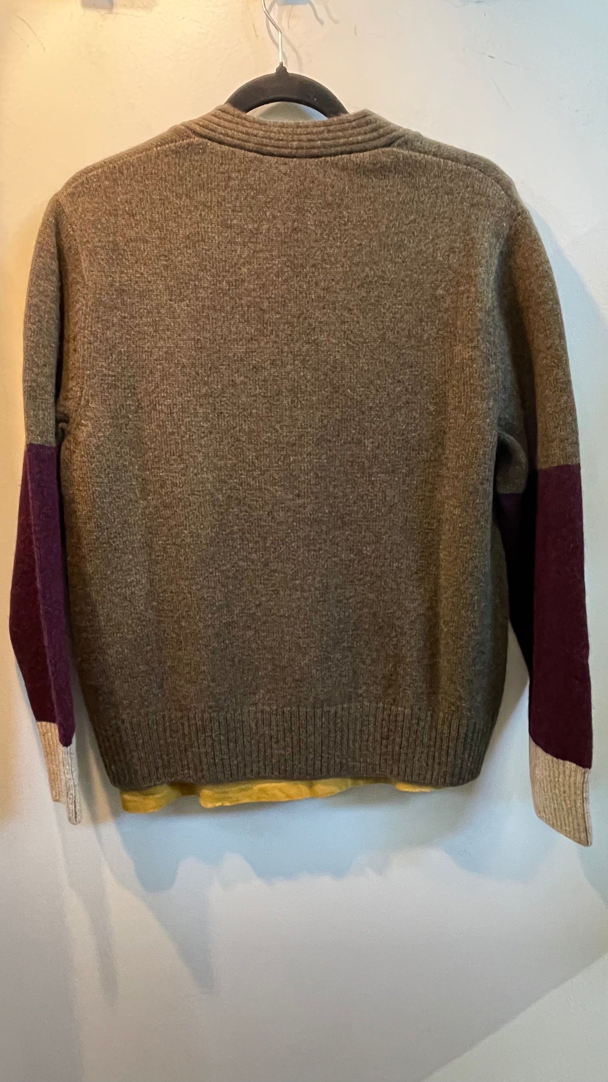 Brown cashmere crewneck sweater with purple and cream color-blocked sleeves by Free City, shown on a hanger.
