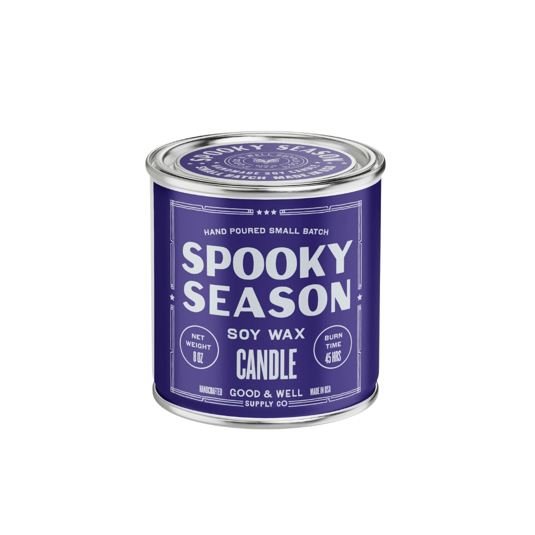 Faire Spooky Season soy candle in glass jar, pumpkin caramel scent, 45h burn, limited edition for Halloween.