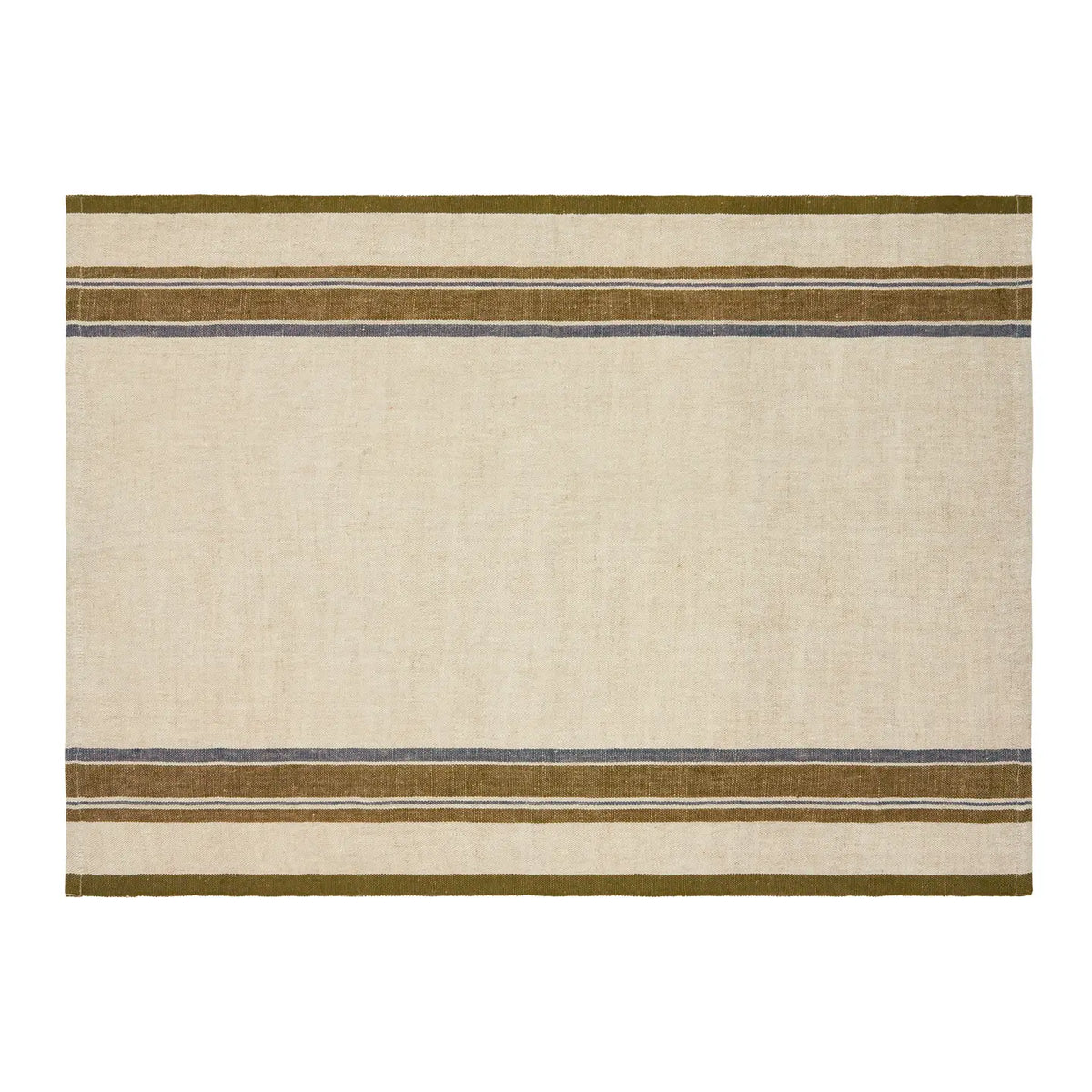 The CH Tea Towels S/2 by Faire feature a rectangular beige design with two sets of parallel olive green and gray stripes near the edges, evoking French country tea towels and leaving the center plain.