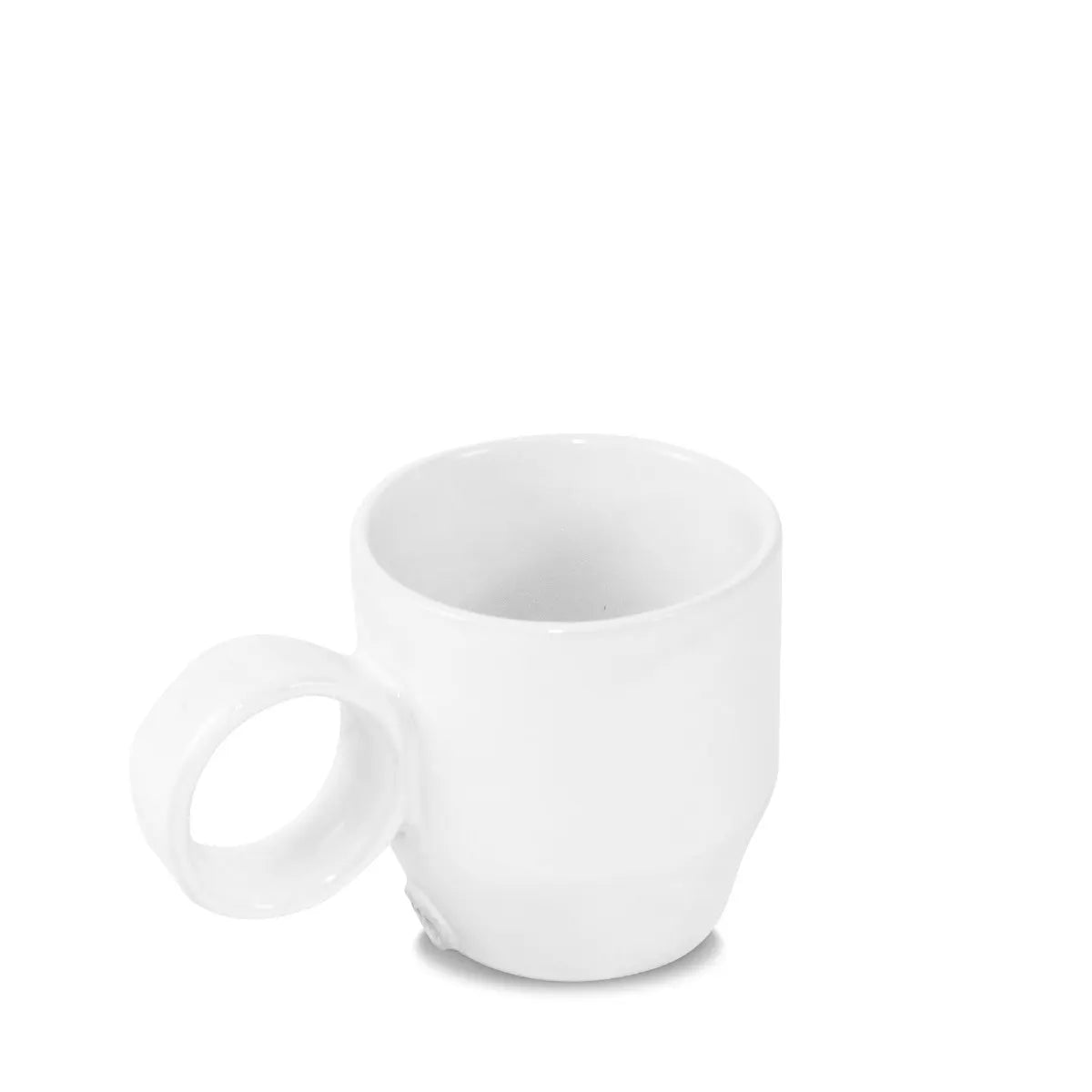 The Montes Doggett Mug No. 925 is a white, high-fired ceramic mug with an oversized circular handle. Dishwasher and microwave safe, it combines striking design with everyday convenience.