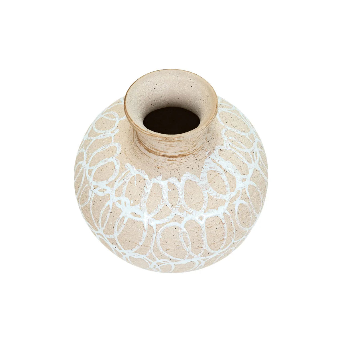 The Import Collection Presden Tall Vase: a beige ceramic stoneware vessel with a narrow neck, seen from above, showcases white looping hand-drawn patterns—an ideal decorative piece for modern interiors.