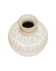 The Import Collection Presden Tall Vase: a beige ceramic stoneware vessel with a narrow neck, seen from above, showcases white looping hand-drawn patterns—an ideal decorative piece for modern interiors.