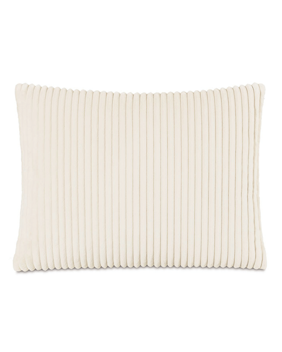 The Bishop Corduroy 20x27 by Eastern Accents is a rectangular beige pillow showcasing a plush velvet corduroy texture with vertical ridges. It features an invisible zipper closure and is displayed against a plain white background.
