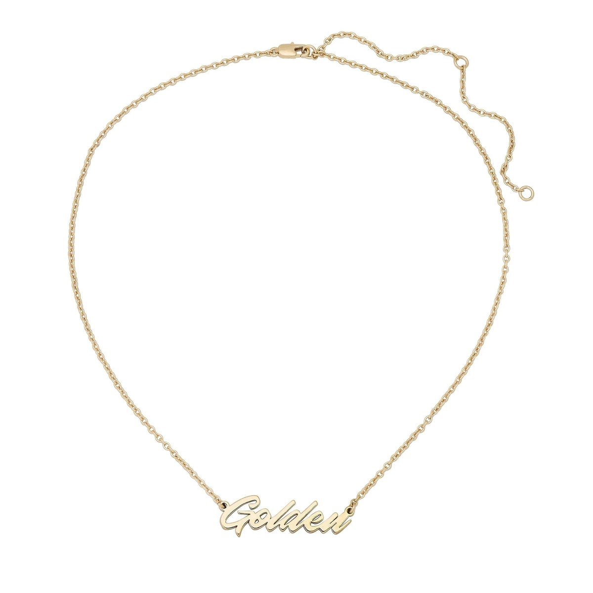 The Faire Script Necklace is a gold chain with a "Golden" cursive pendant, handmade in the USA. It features an adjustable clasp for a perfect fit.