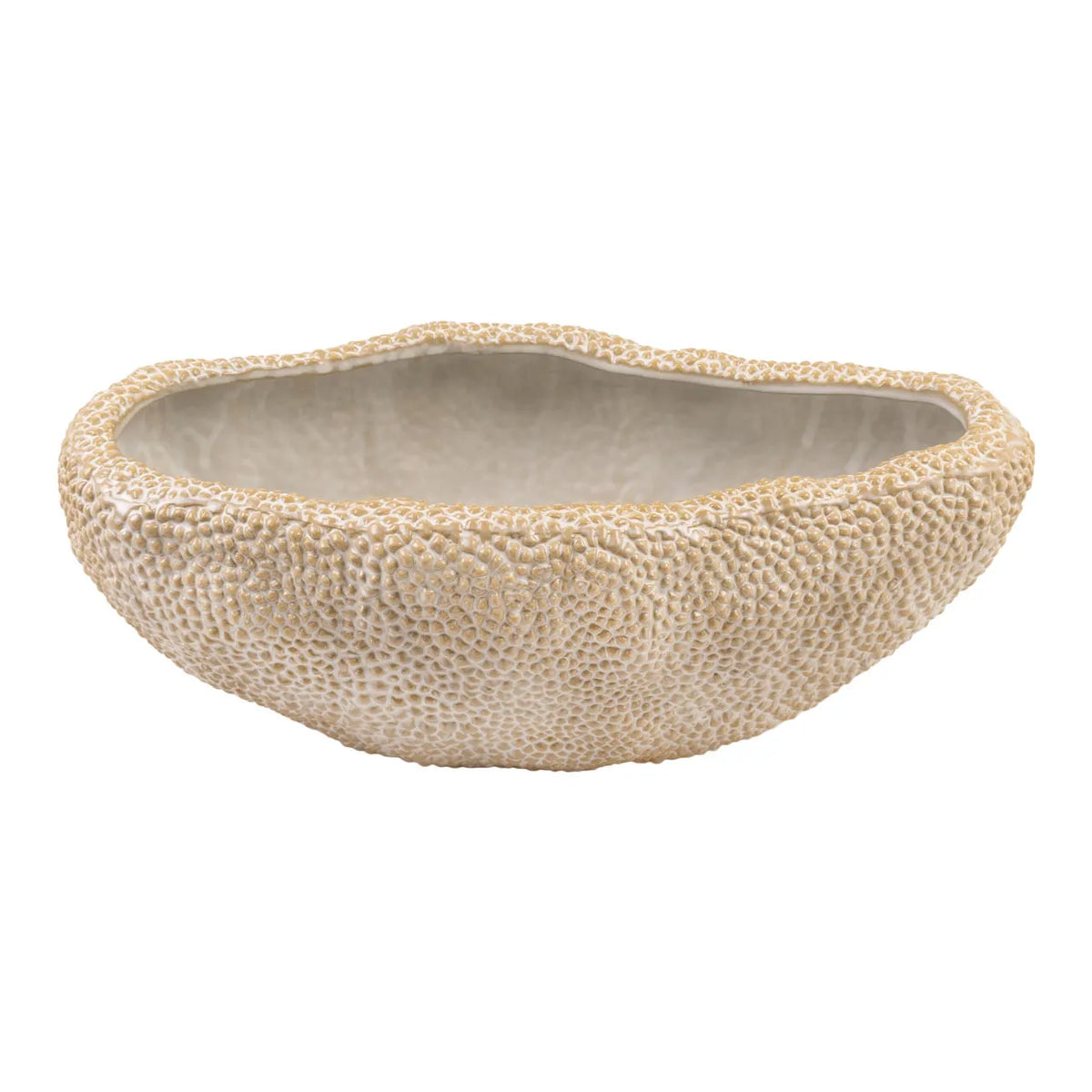 Paprika Centerpiece oval ceramic tray in pale tan with a textured pebbled finish by Bungalow Furniture &amp; Accessories.