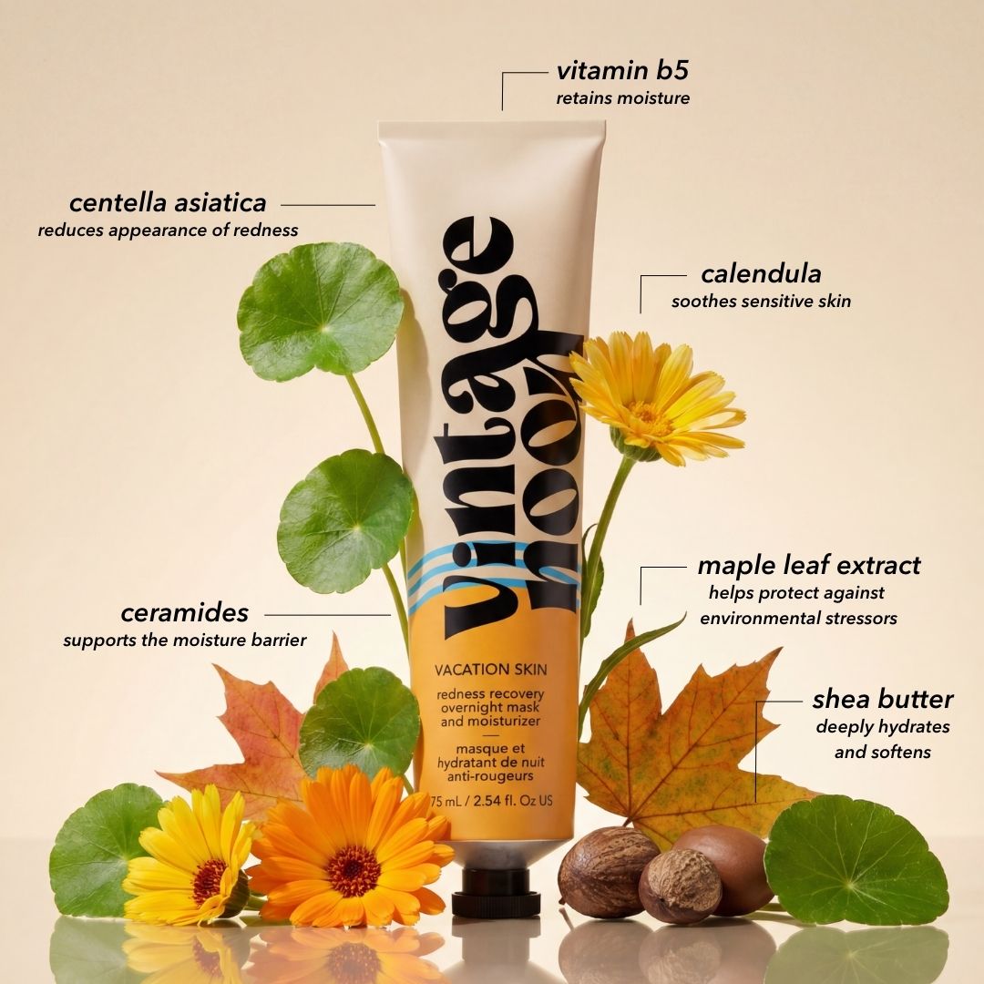 A tube of Faire Vaca Skin Redness Recovery stands upright, surrounded by leaves, calendula flowers, and nuts—featuring Centella Asiatica and ceramides to hydrate sensitive skin and promote a healthy, well-traveled glow.