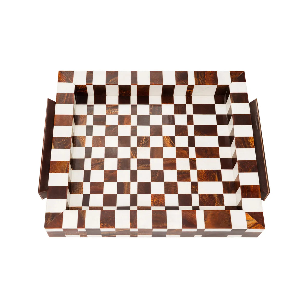 Square brown and white checkered Camiro small tray with side handles from Bungalow Furniture &amp; Accessories.