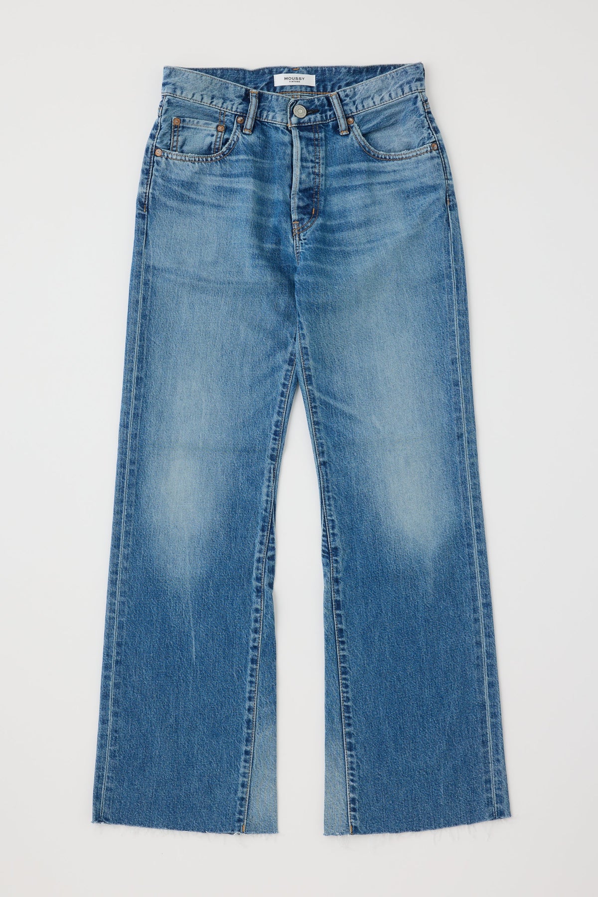The Moussy Asheville Remake Flare jeans feature a high waist, wide legs, button fly, five-pocket design, and subtle fading on the thighs and knees, shown laid flat on a white background.