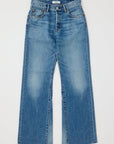 The Moussy Asheville Remake Flare jeans feature a high waist, wide legs, button fly, five-pocket design, and subtle fading on the thighs and knees, shown laid flat on a white background.