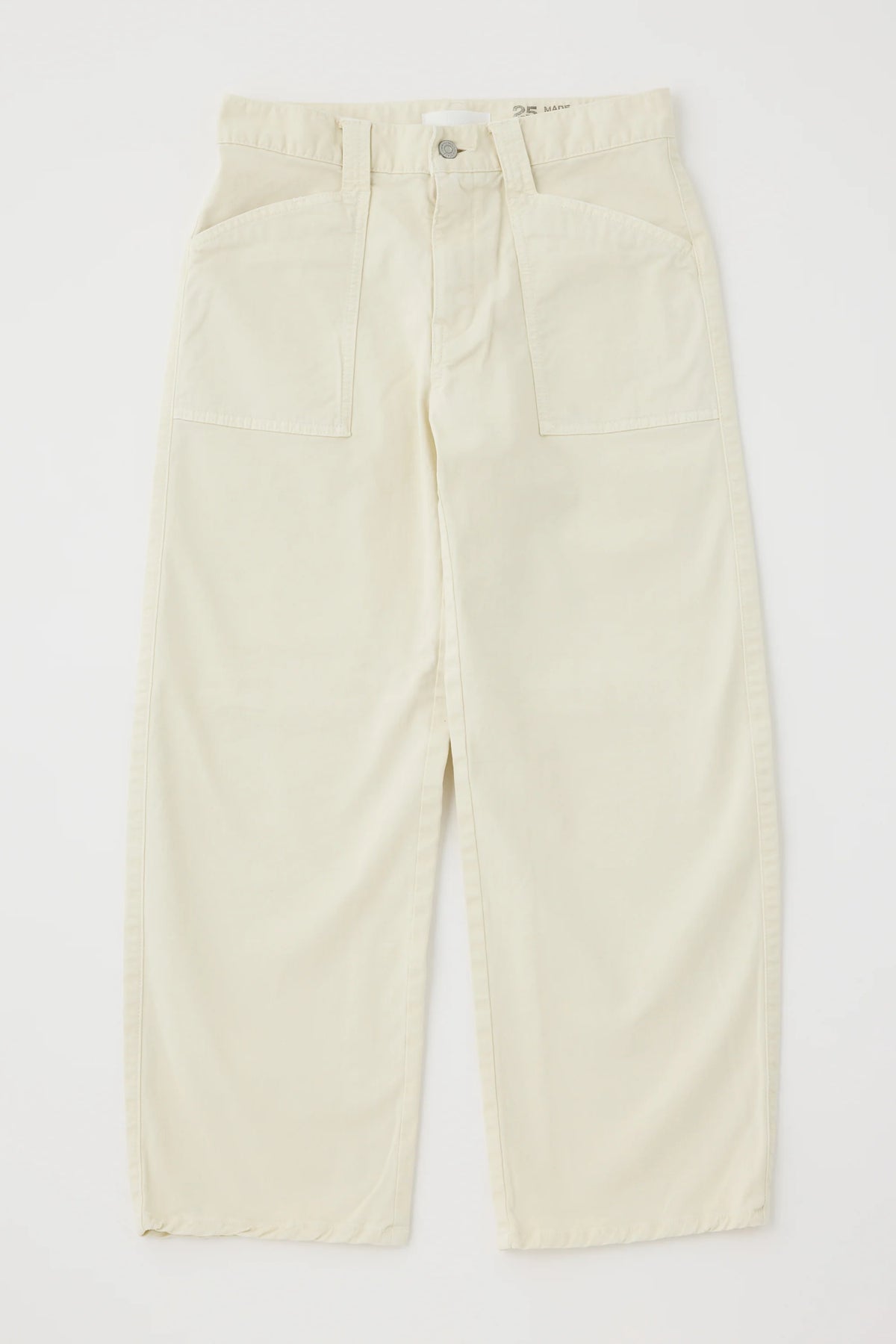The Moussy Pomonok Gusset Cargo is an off-white, high-waisted, ankle-length straight-leg pant with front patch pockets and a button closure, shown laid flat on a white background.