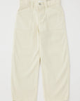 The Moussy Pomonok Gusset Cargo is an off-white, high-waisted, ankle-length straight-leg pant with front patch pockets and a button closure, shown laid flat on a white background.