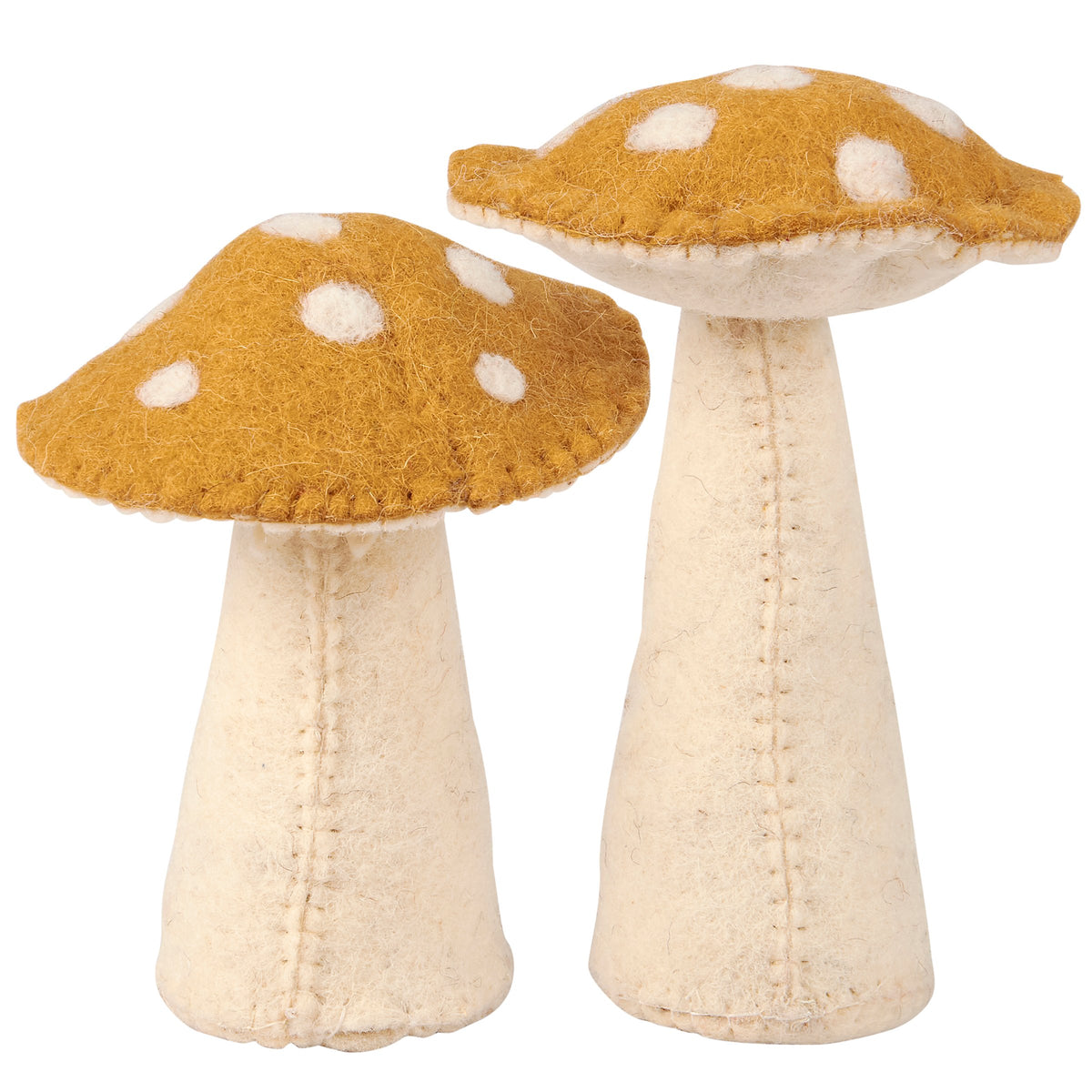 The Faire Mushroom Critter features two plush felt mushrooms with cream stems and yellow-brown caps adorned with white spots—an adorable cottagecore decor piece for your home.