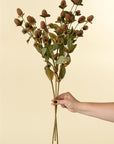A hand with dark nail polish holds Indaba's Globe Amaranth Spray, featuring dry brown thistle-like faux botanicals and green leaves, set against a plain beige background.