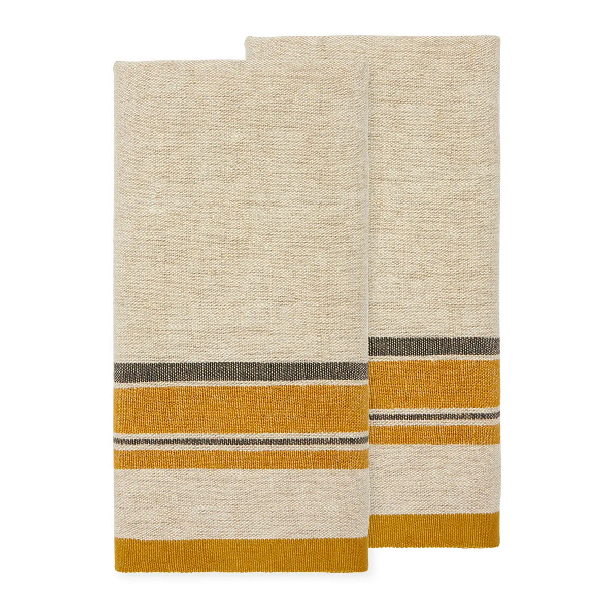 The CH Tea Towels S/2 by Faire feature horizontal mustard yellow, brown, and tan stripes near the edges. Displayed folded side by side on a white background, these French country tea towels add charm to any kitchen.