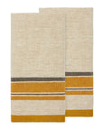 The CH Tea Towels S/2 by Faire feature horizontal mustard yellow, brown, and tan stripes near the edges. Displayed folded side by side on a white background, these French country tea towels add charm to any kitchen.