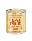 Yellow Faire Leaf Pile Soy Candle, 8oz with orange label; autumn scent and 45-hour burn time.
