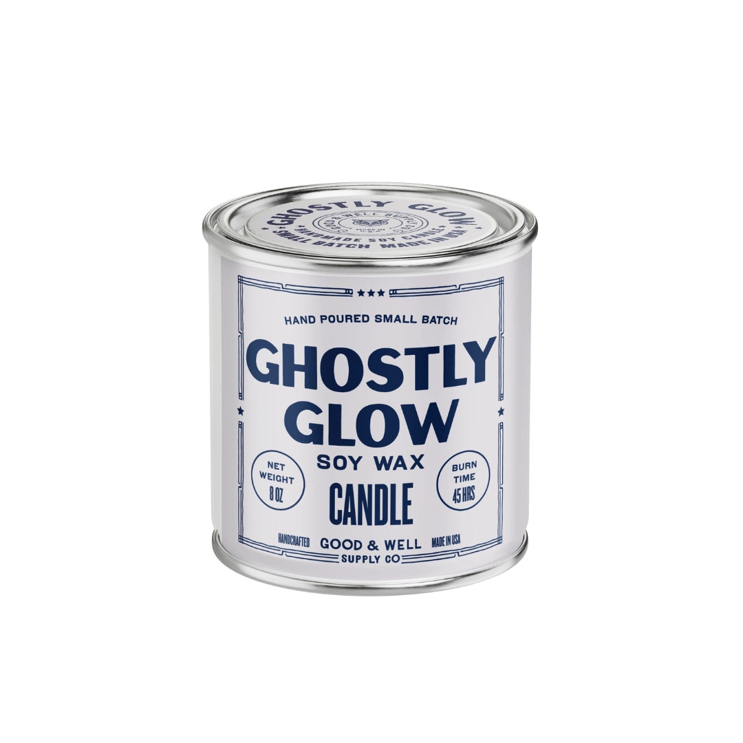 Ghostly Glow Soy Candle by Faire in a frosted glass jar, limited edition, 45-hour burn, perfect for Halloween décor.