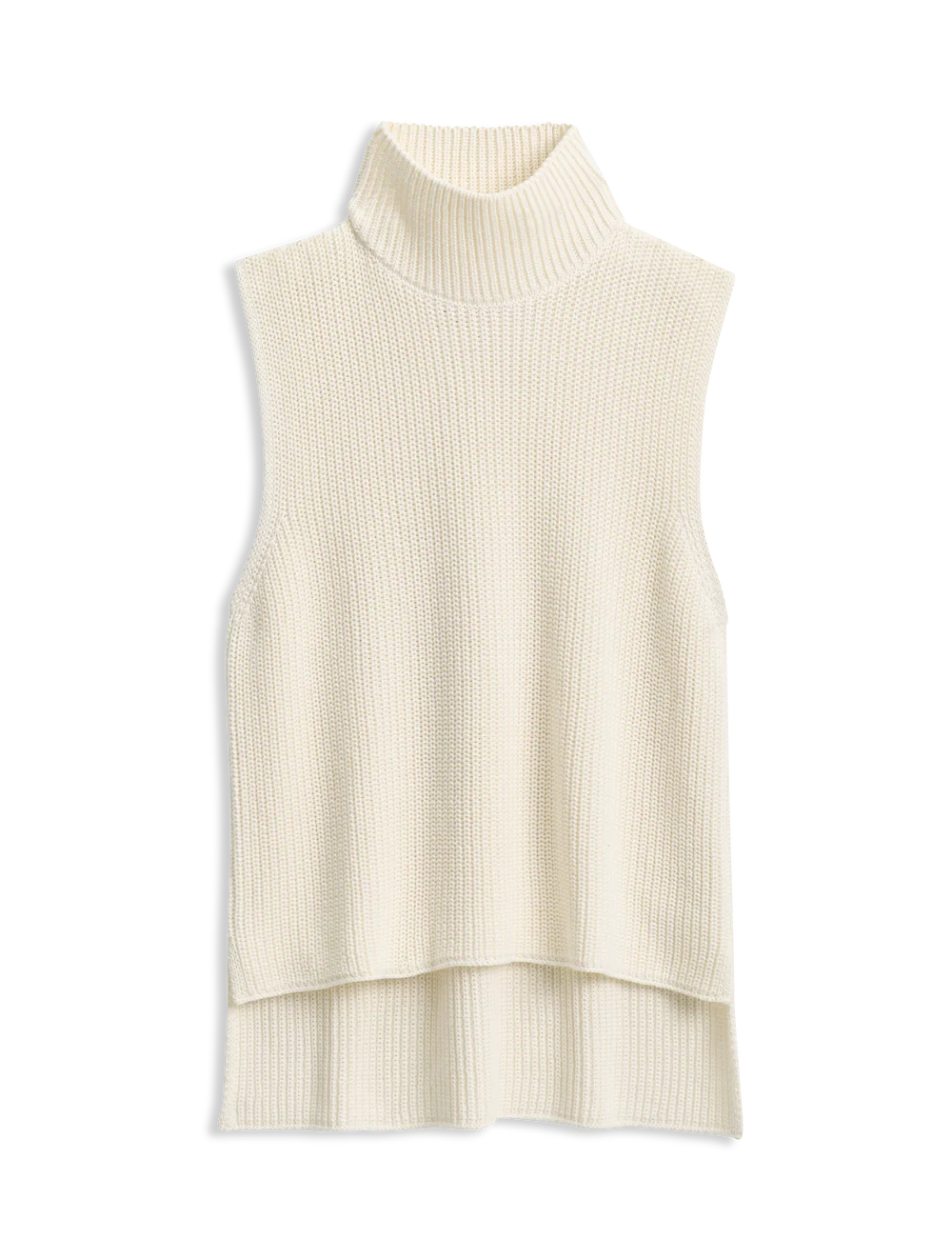 Sleeveless cream ribbed mock neck sweater vest by Frank & Eileen, Montecito Tank, shown on white background.