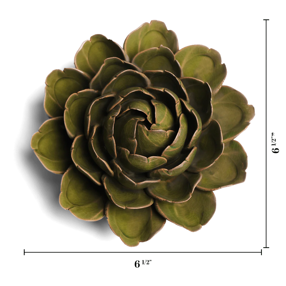 Moss green ceramic flower sculpture with layered petals, 6 1/2-inch diameter by Moss Green Botanicals.