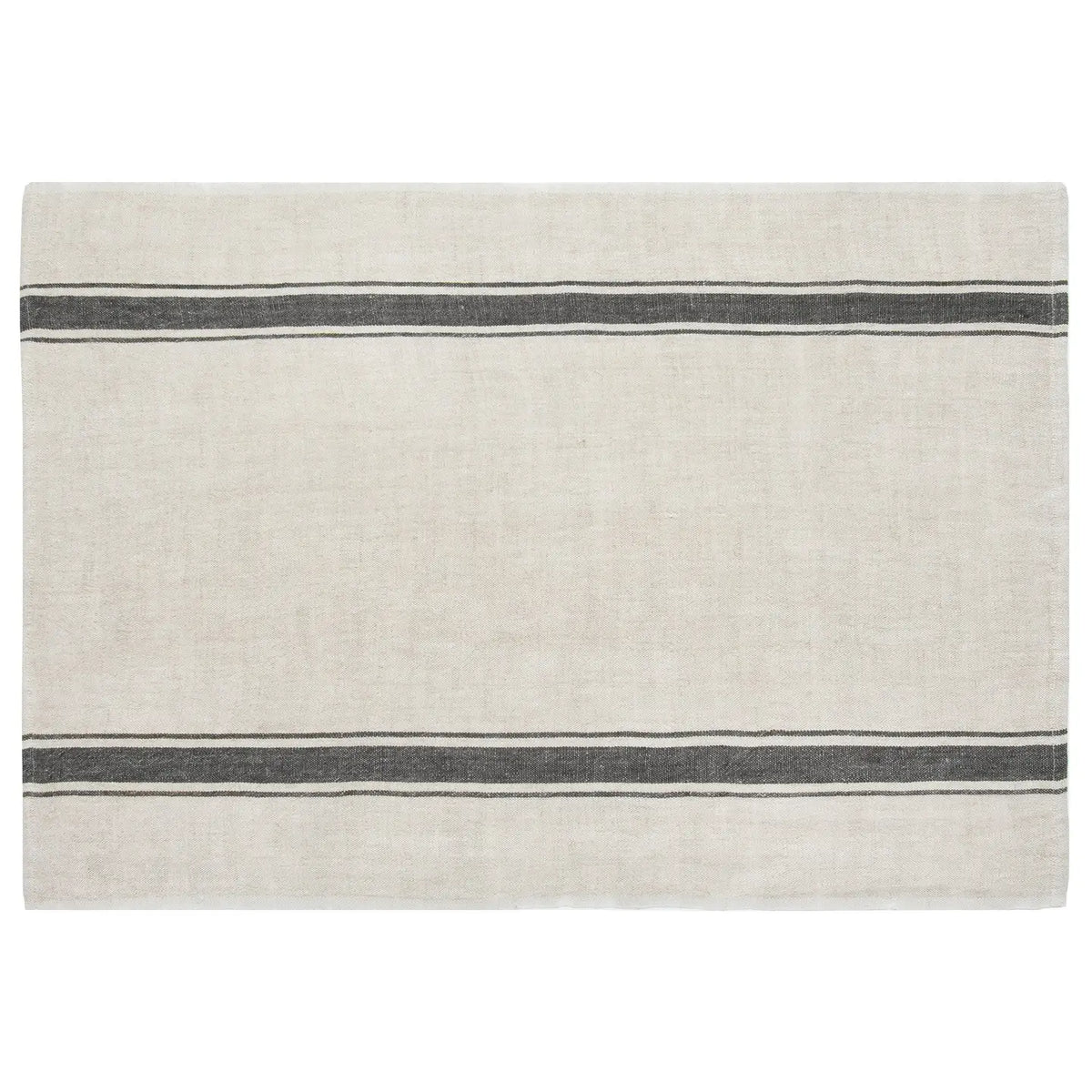 The CH Tea Towels S/2 by Faire are rectangular, beige linens inspired by French country style, featuring two parallel dark gray stripes running horizontally near the top and bottom edges.